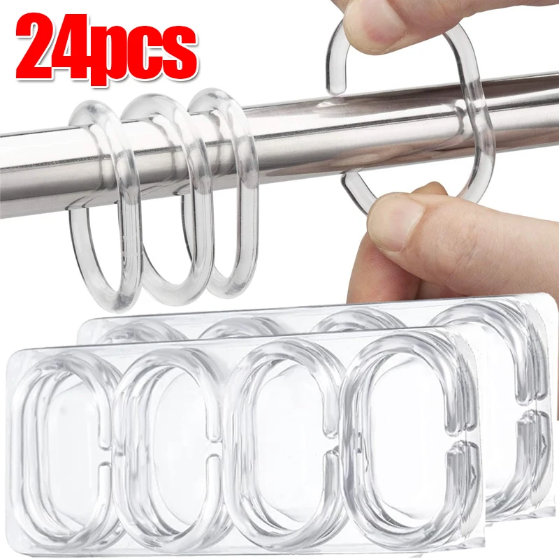 12-24PCS Shower Curtain Rings Plastic C Hooks Transparent Window Rod Hanger Bath Drape Loop Clips Bathroom Curtain C-shape Hook