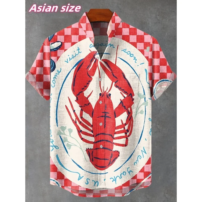 Fun Lobster Graphic Hawaiian Shirt For Men Colorful Stripes 3D Print Short Sleeve Summer Loose Street Aloha Shirts Lapel Blouse