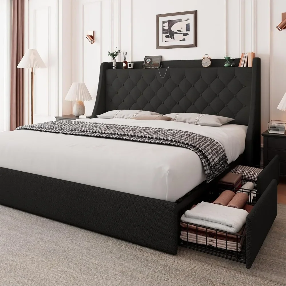 Upholstered King Size Bed Frame with 4 Storage Drawers, Storage Bed with Charging Station|