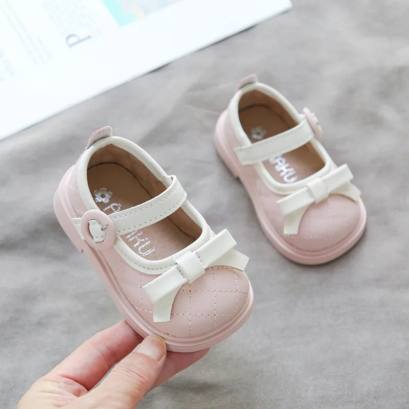 2024 Spring Summer Cute Bow Leather Walking Shoes Fashion Soft Soled Kids Sneakers Children Anti Slip Casual Shoes Zapatos Niña