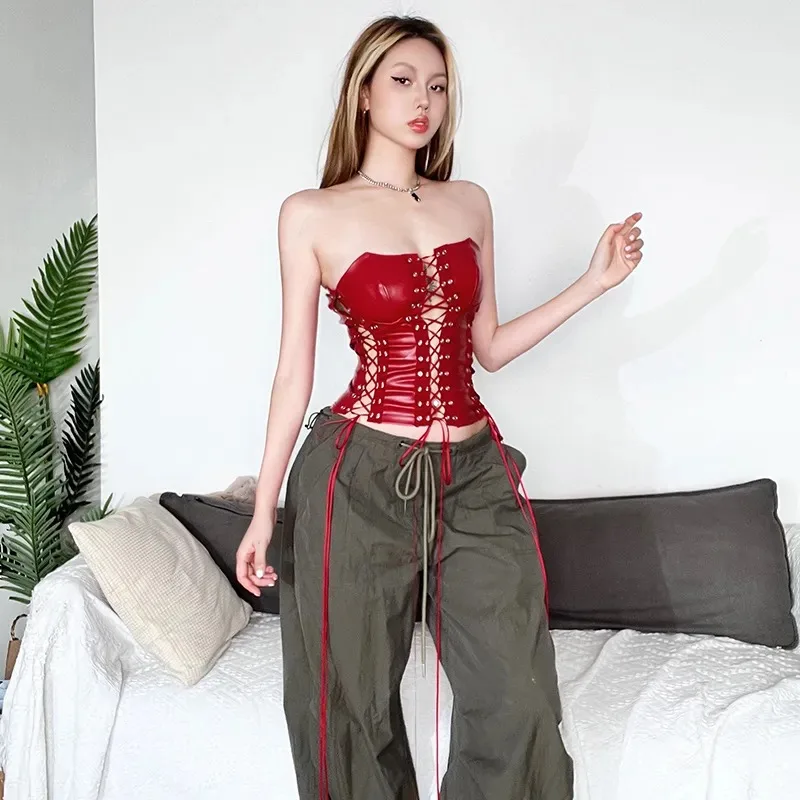 

Women's Red Faux Leather Strapless Corset Top Lace-Up Eyelet Bustier with Side Ties Sexy Crop Top