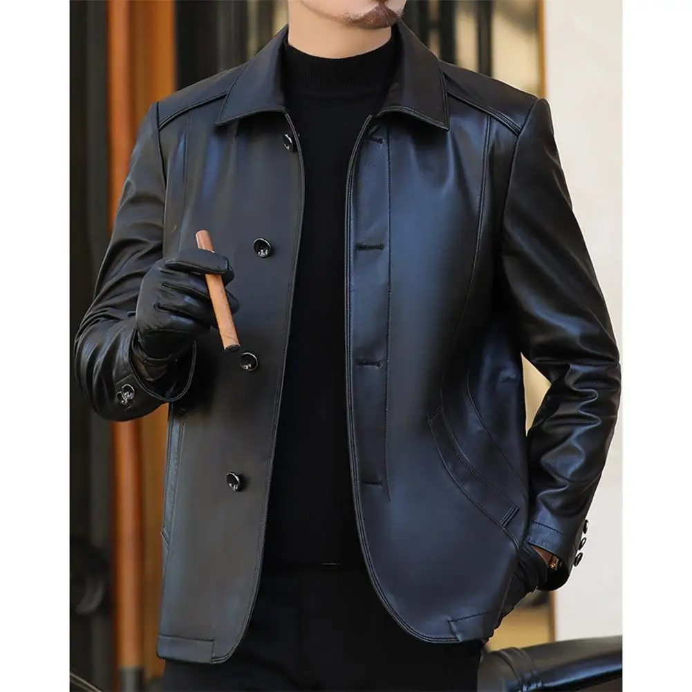 

Men's Face-Lined Lamb Leather Jacket Collared Outerwear Season Casual Coat