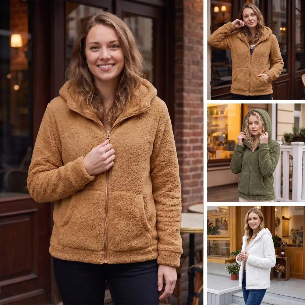 Women Full Zip Fleece Hoodie, Solid Color Hooded Jacket for Fall Winter, Loose Fit Casual Coat with Pockets Zip-Up Hooded Jacket