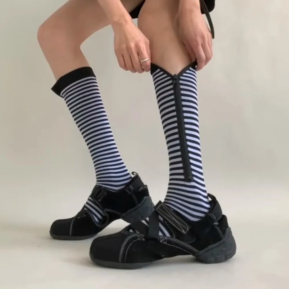 Retro Stripe Pressure Socks Soft Elastic Compress Zipper Socks Comfortable Hosiery Cycling Sports Socks Outdoor Exercise