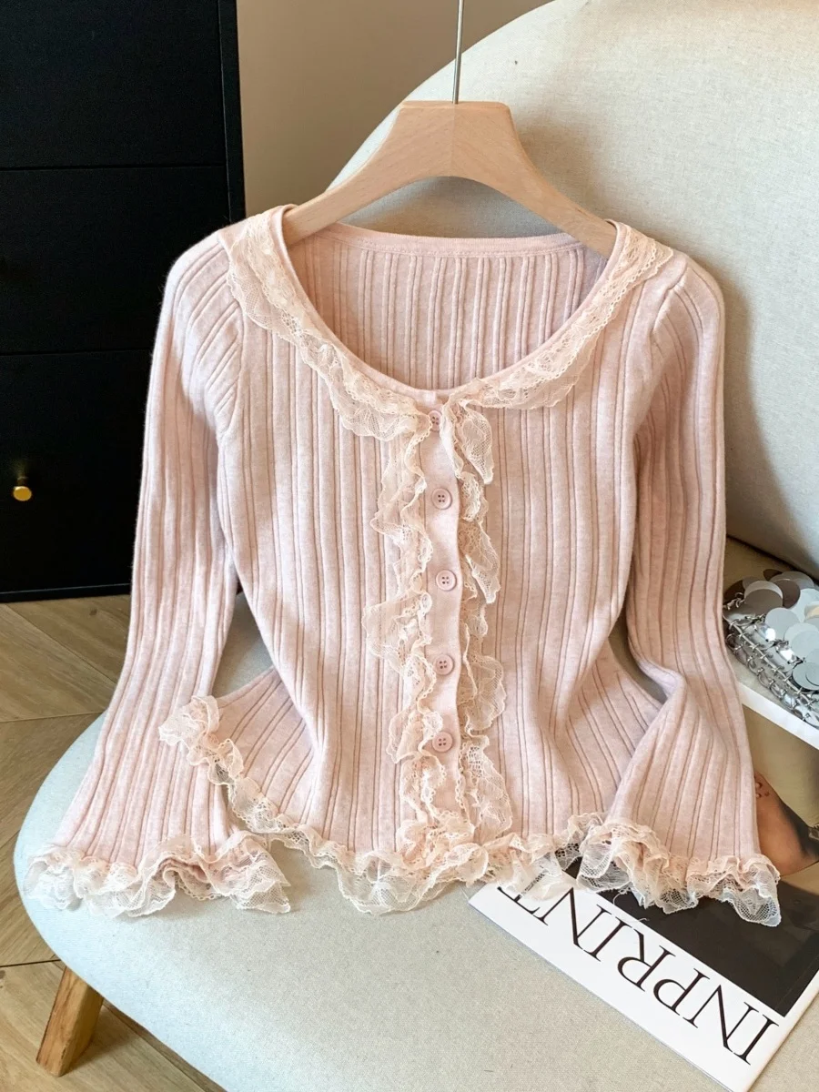  Lace Splice Knitted Sweater Long Sleeve Wooden  Ear Design Spring Korean Style Women's Fashion Soft Polyester F...