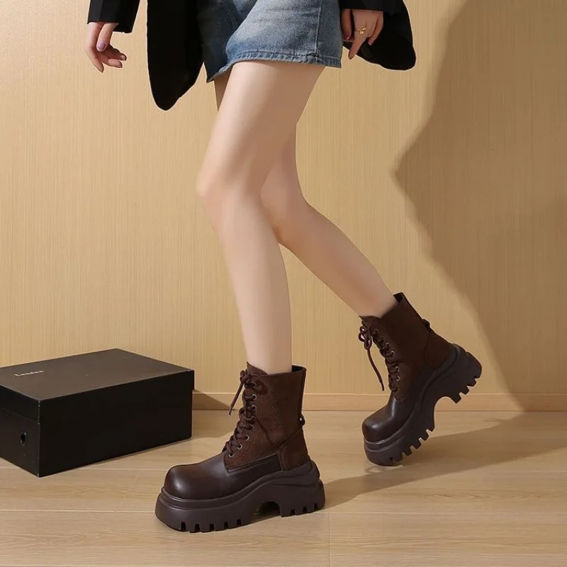 

2-in-1 Convertible Collar Women's Combat Boots 2025 Winter Chunky Platform Ankle Boots Lace-Up Retro Leather Ankle Boots