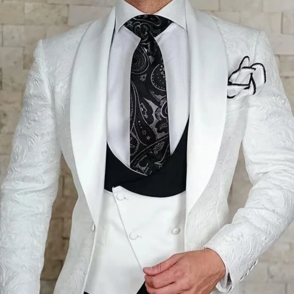 

Белый жаккардовый костюм Homme, мужские костюмы, свадебный смокинг для выпускного жениха, комплекты из 3 предметов, приталенные блейзеры для мужчин
