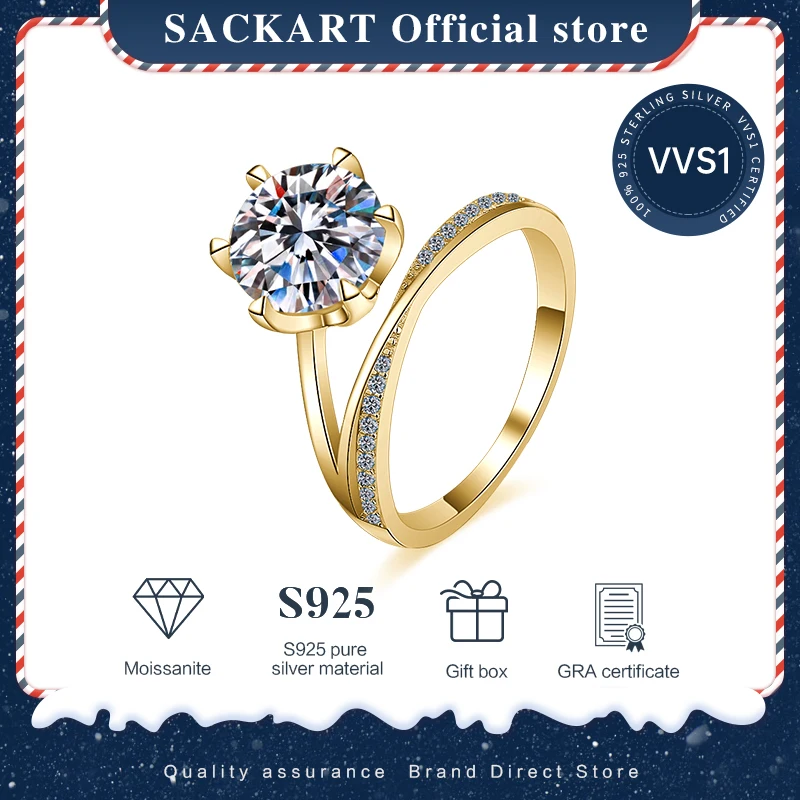 

SACKART Moissanite Ring 3ct Yellow Plated with 18K Gold Engagement Rings for Women with Certificate 925 Silver Original VVS1 GRA