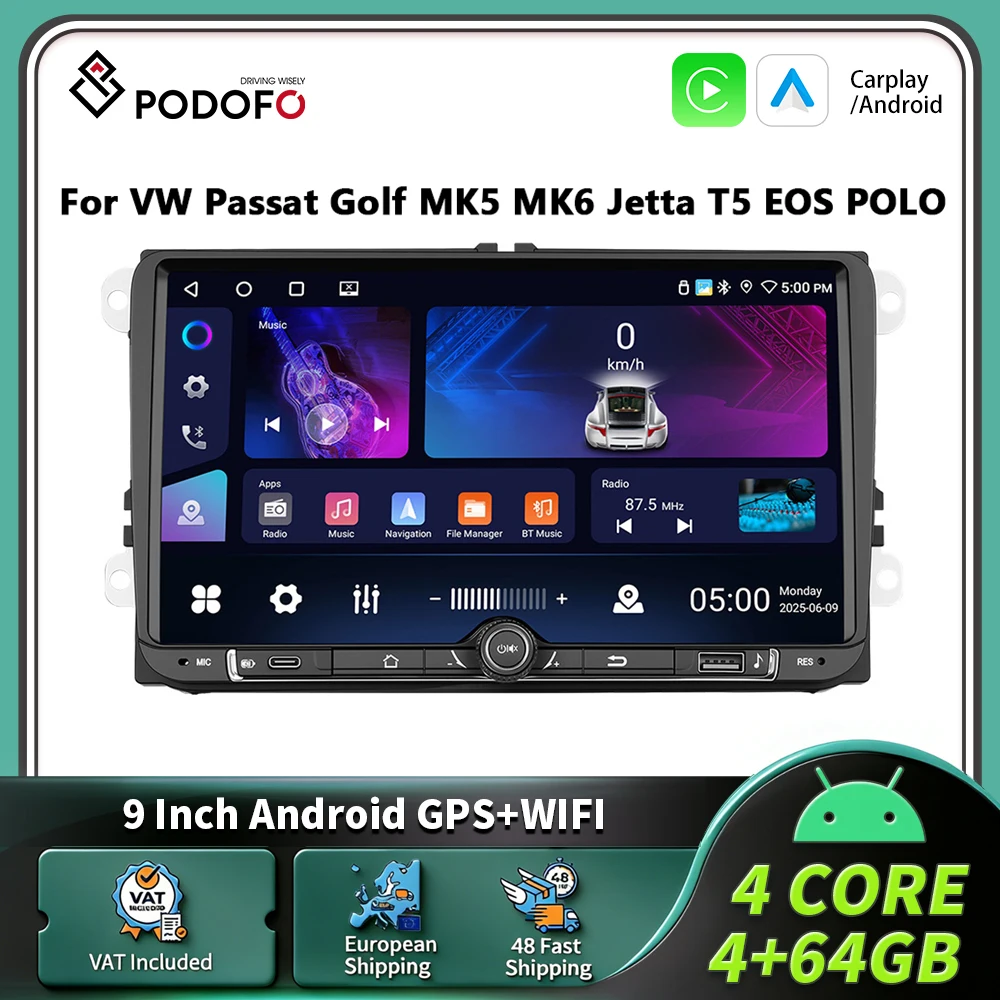 Radio Estéreo para Auto Podofo de 9 Pulgadas, 4 GB, 64 GB, Carplay Inalámbrico, Android Auto, Sistemas Inteligentes para Auto, Navegación GPS, MirrorLink, Unidad Principal BT para VW