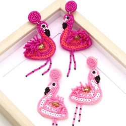 FLOLA Handmade Bohemian Beaded Earrings For Women Pink Flamingo Raffia Beads Big Drop Earrings Boho Statement Jewelry ersw33
