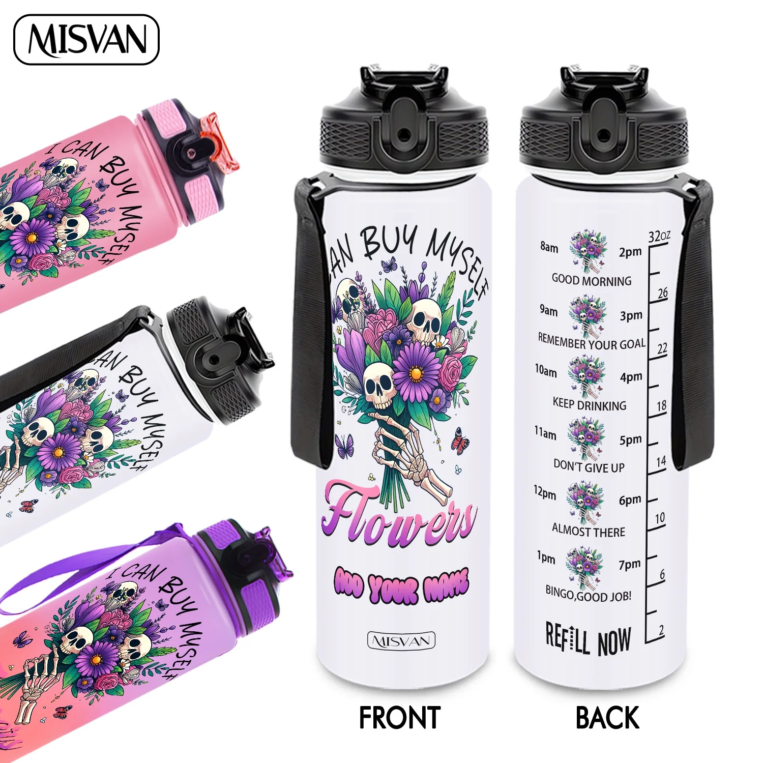 

1PC, Skull Bouquet Butterfly Motivational Text ,32oz Gradient Water Bottle-Leak-Proof,HD Non-Peeling Pattern,Perfect for Sports,