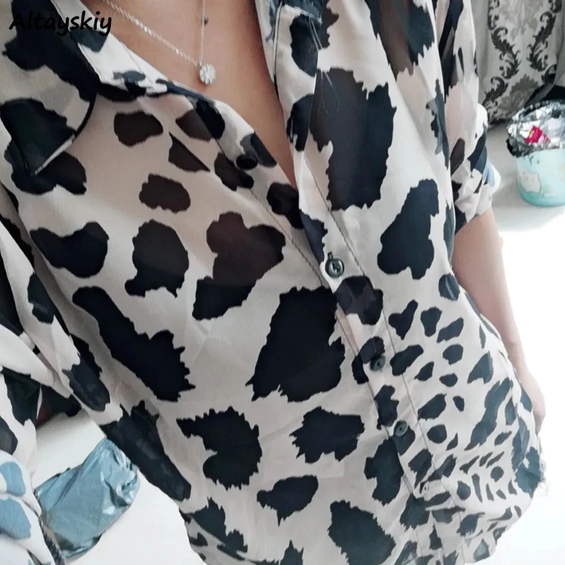 빈티지 블라우스 여성용 레오파드 하라주쿠 여름 자외선 차단 통기성 좋은 루즈핏 탑 우아한 울짱 스트리트웨어 레저 인