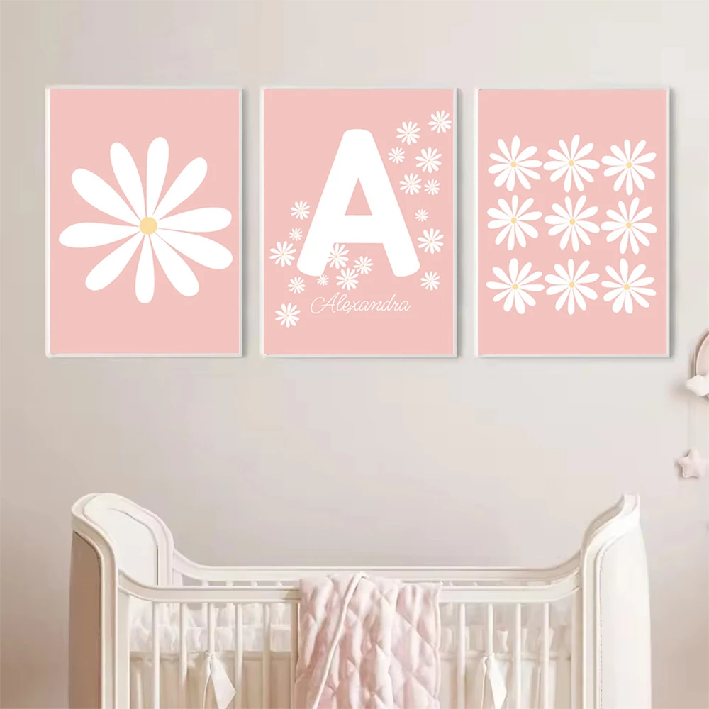 Cartoon Pink Custom Daisy Canvas Poster Personalized Name Wall Art Print Painting White Floral Nursery Pictures Girls Room Decor