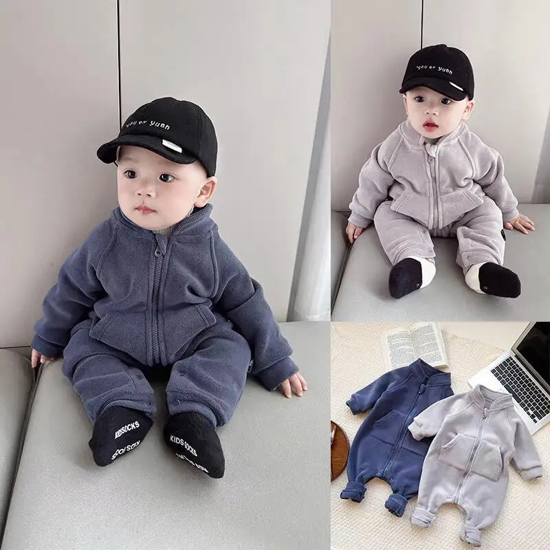 الخريف الشتاء طفل الفتيان الفتيات السروال القصير الوليد لون نقي حللا لينة الجولة الرقبة سستة قطعة واحدة ملابس الأطفال 0-24 متر