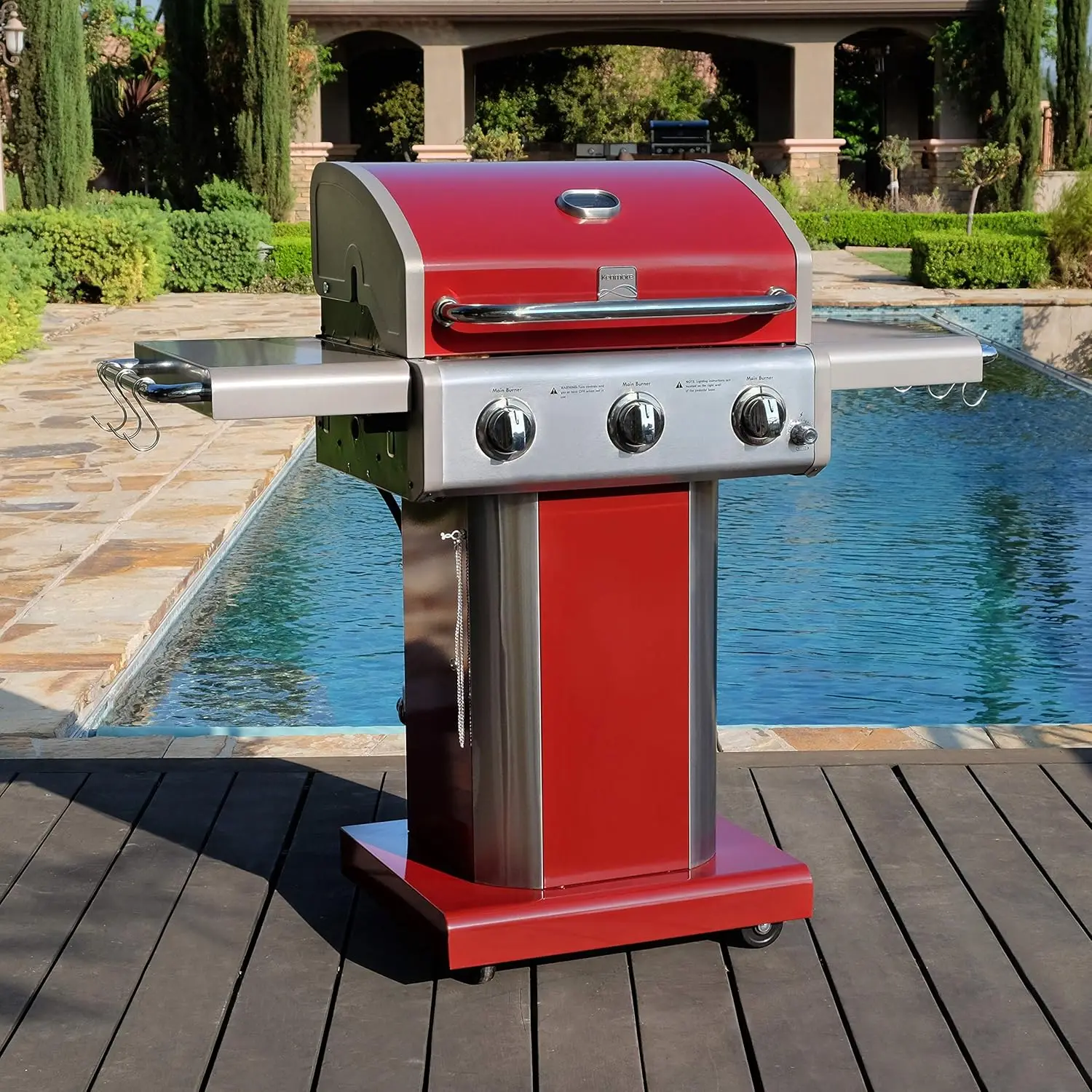 3-Burner Outdoor BBQ Grill | Liquid Propane Barbecue Gas Grill with Folding Sides, PG-A4030400LD-RD, Pedestal Grill