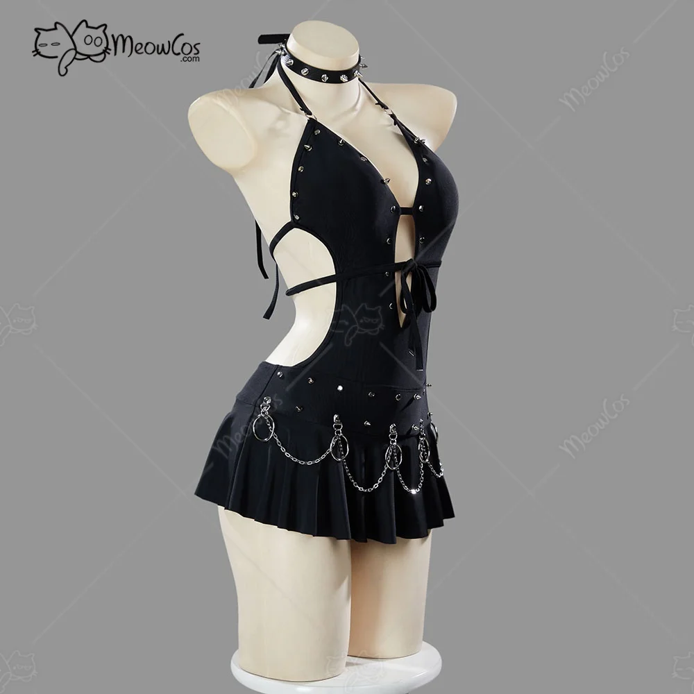 

USA MEOWCOS Women's Gothic Black Deep V Cutout One-Piece Swimsuit Punk Style Bathing Suit with Choker
