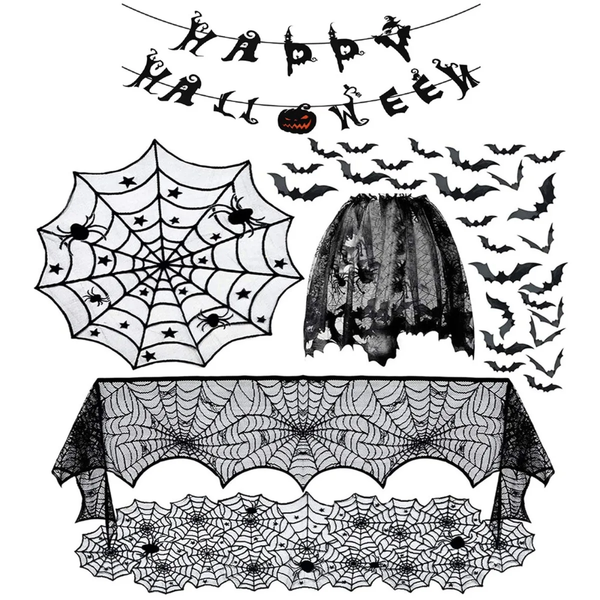 American Style 4PCS Halloween Black Lace Spider Web Decor Tablecloth Fireplace Mantel Scarf Table Runner Lampshade Party Supplie