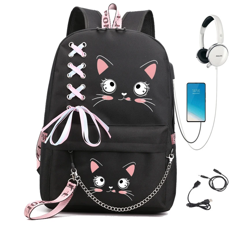 Kawaii Cat Face Laptop Mochila para Meninos e Meninas, Sacos de Livros Escolares para Meninas Adolescentes, Saco de Livro Estudante Universitário, Mochila