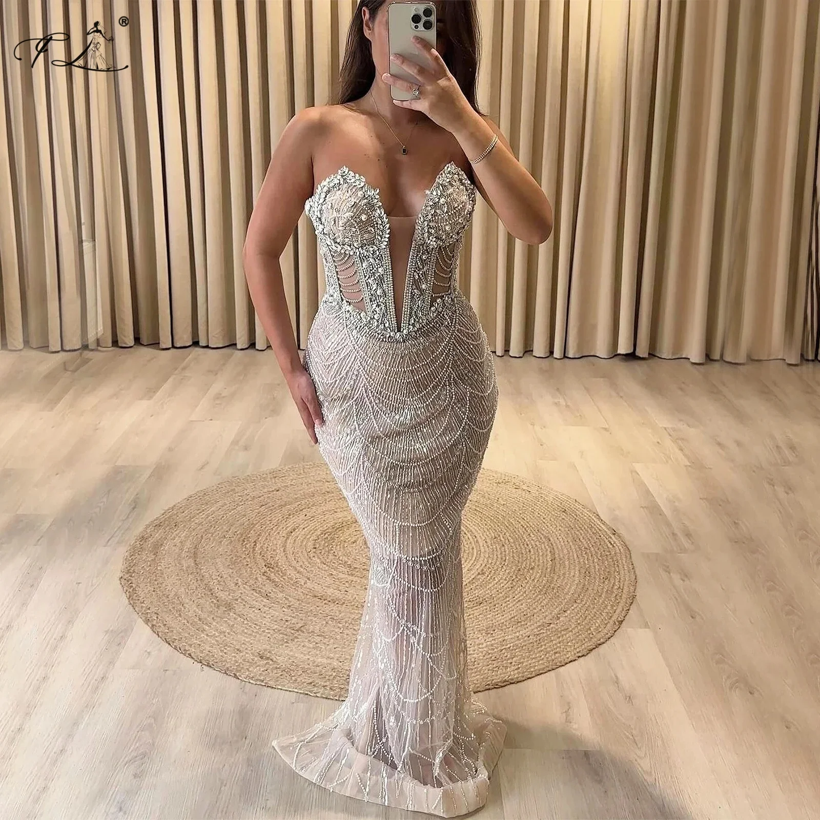 

Luxury Champagne Beaded Evening Dresses With Pearls Rhinestone Mermaid Crystals Long Ball Gown Customized 2026