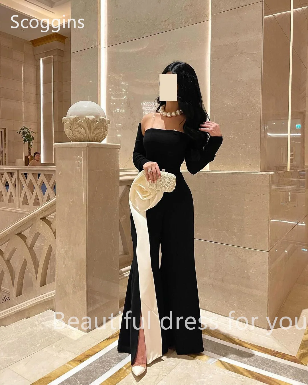 Scoggins فساتين سهرة Simple Black Strapless 3D Flowers Crepe Floor-Length Formal Occasion Vestidos Long Sleeves Evening Gown