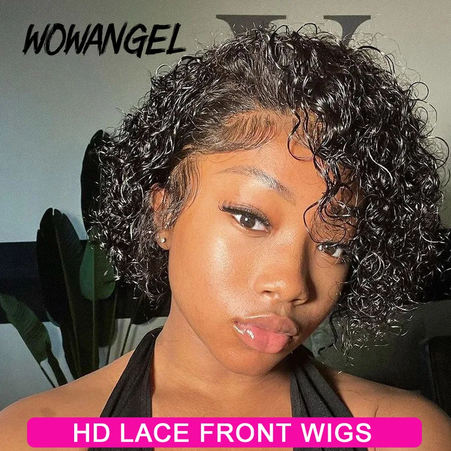 Wow Angel-Perruque courte bouclée coupe lutin, perruques avant en dentelle HD, 250% cheveux humains caution Curly, Melt Skins, perruque en dentelle transparente HD, 13x4