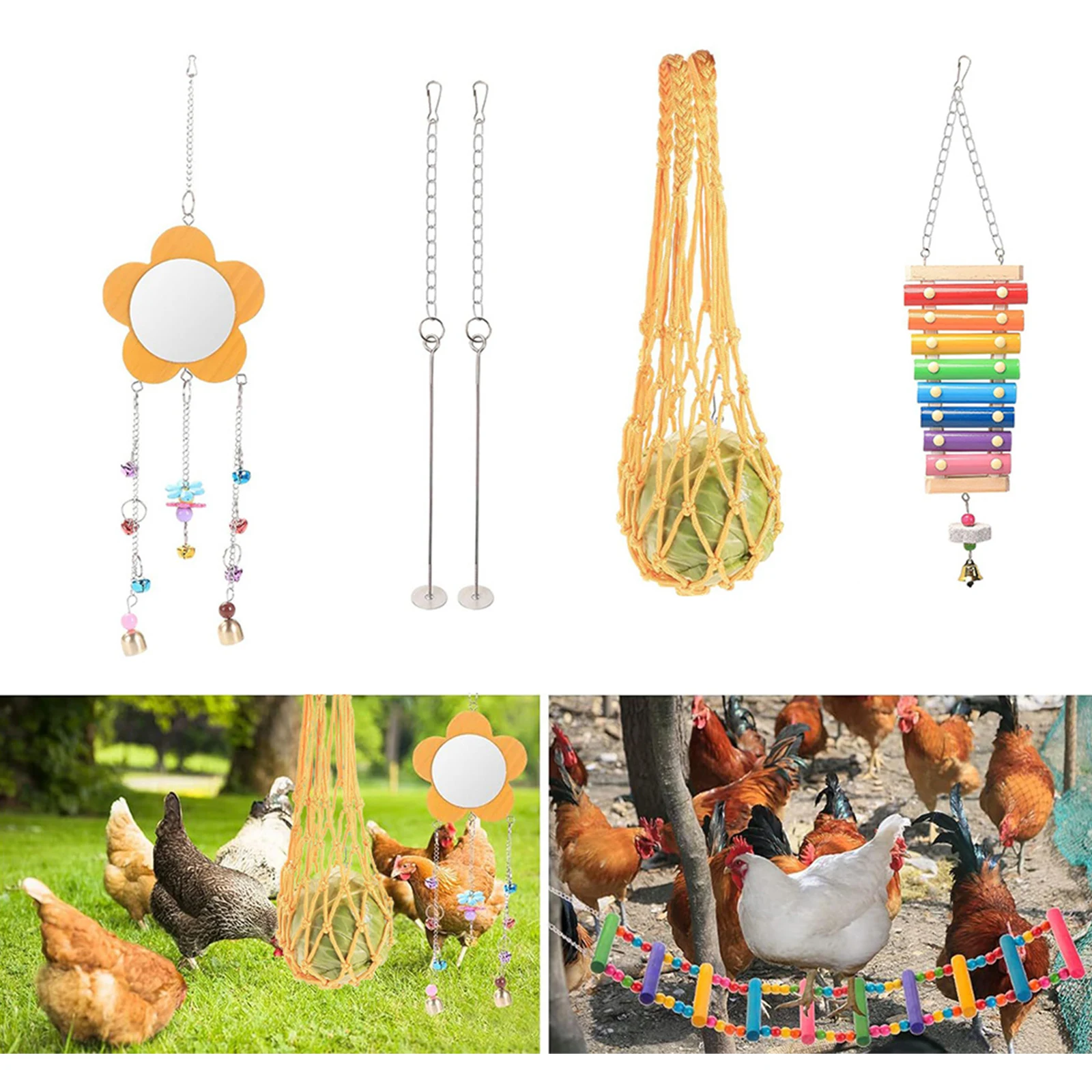 

7PCS Chewing Foraging Toy Chicken Chewing Training Feeder Bell Toys Chicken Toy Set with Wooden Hanging Rooster Hen Chick Toys