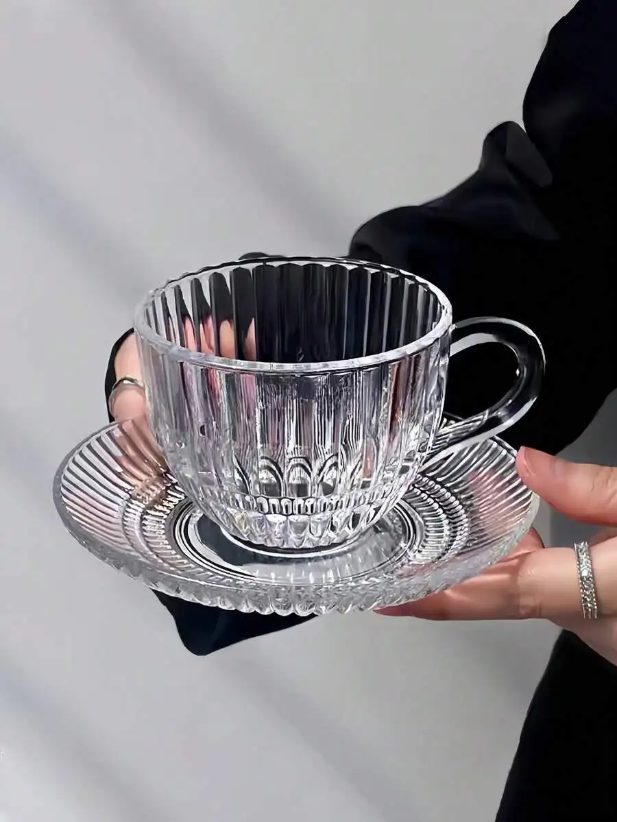 1pc Vintage Striped Glass Cup & Saucer Set, Transparent Teacup Milk Cup Dish For French Afternoon Tea Back To School