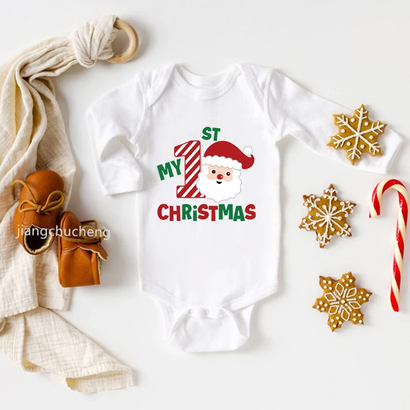 My First Christmas Newborn Baby White Long Sleeve Romper Cartoon Snowman Print Outfits Infant Baptism Bodysuit Clothes Xmas Gift