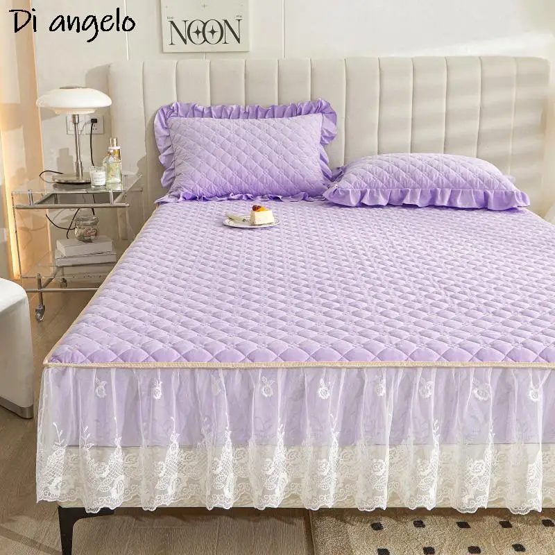 Solid Color Thicken Quilted Mattress Cover Bed Fitted Bed Sheet Pillowcases Anti-Bacteria Mattress Topper Air-Permeable Bed #/