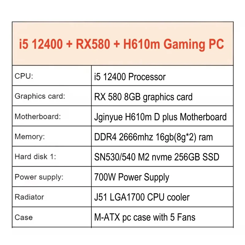 High Performance i5 12400 with 580 Gamer Gaming Pc Computers Desktop All in One Gaming Pc Desktop Computer H610m motherboard