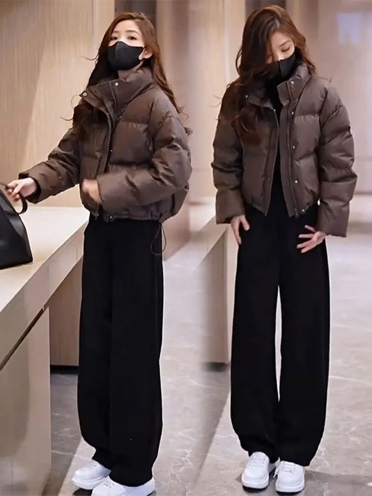 

Warmth Insulated ort PU Leather down Cotton Jaet Women's Winter New Sle Wa Free Cotton Coat Korean Loose Fit Sle