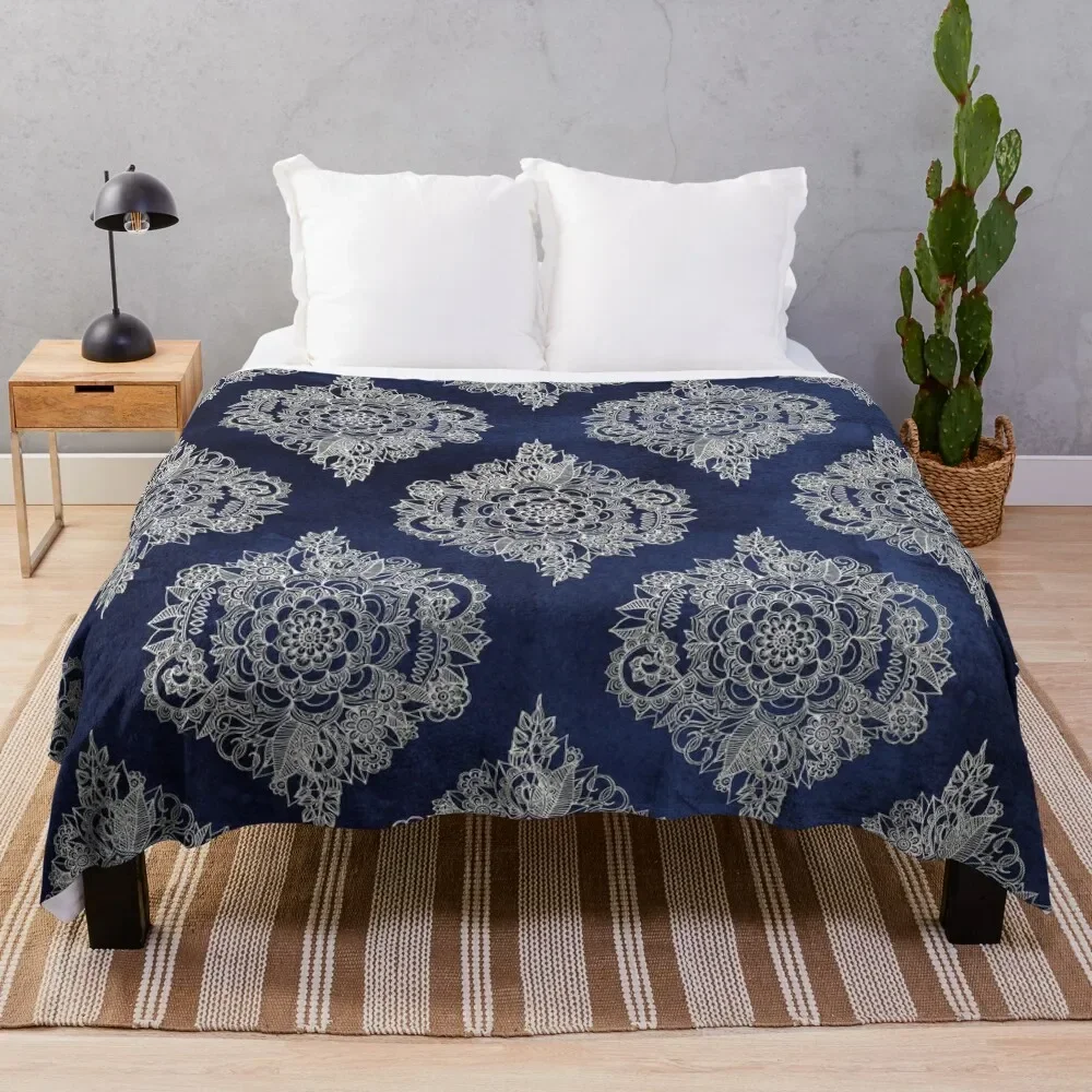 Cream Floral Moroccan Pattern on Deep Indigo Ink Throw Blanket Warm Thermals For Travel Hairys Blankets