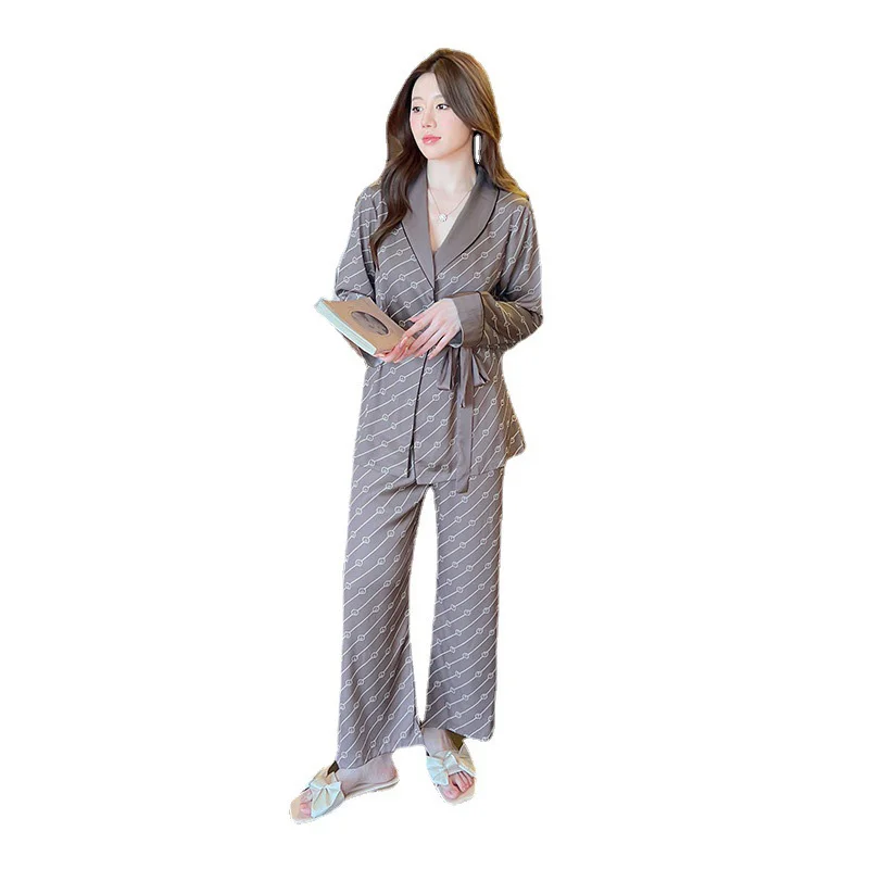 New Chinese Coffee Color Lace-up Pajamas Women's Sexy Camisole Sleepwear Long-sleeved Nightgown Three-piece Set Smooth Nightwear