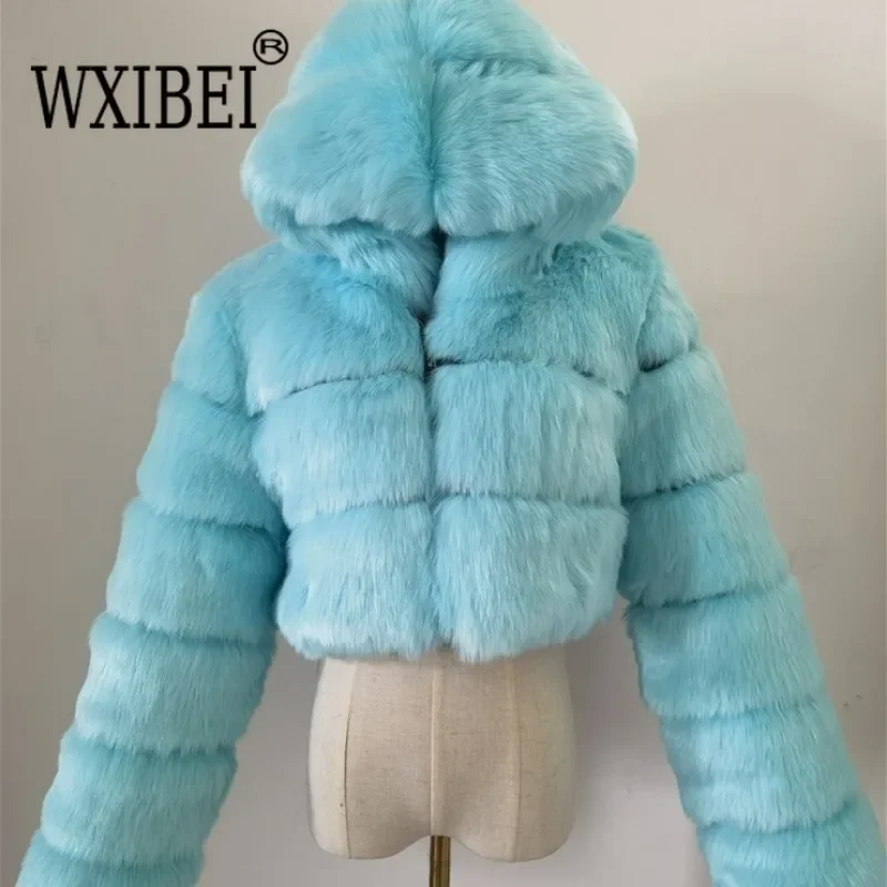 Autumn Furry Cropped Faux Fur Coats Jackets Women Fluffy Top Coat Hooded Straight Short Winter Fur Jacket Fashion Streetwear New