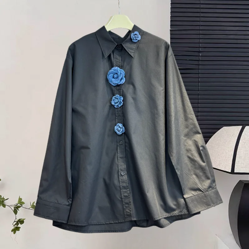 

Новая свободная женская рубашка с нишевым цветком, однотонная, простая рубашка с длинными рукавами, весенне-осенняя рубашка.