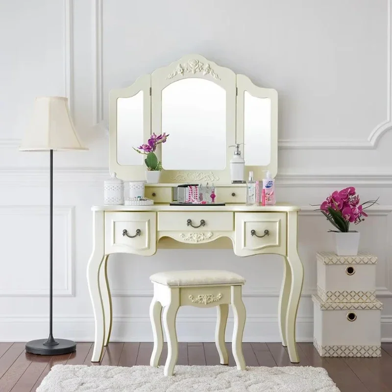 

White French style 3 mirrors wooden dressing table 5 drawers