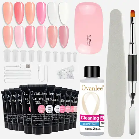 Kit de démarrage pour ongles en polygel sans moule Ovanlee 18-en-1 – Lampe UV portable incluse, 12 couleurs de gel dur de construction avec solution de glissement et embouts – Extensions d'ongles DIY ultimes pour débutants