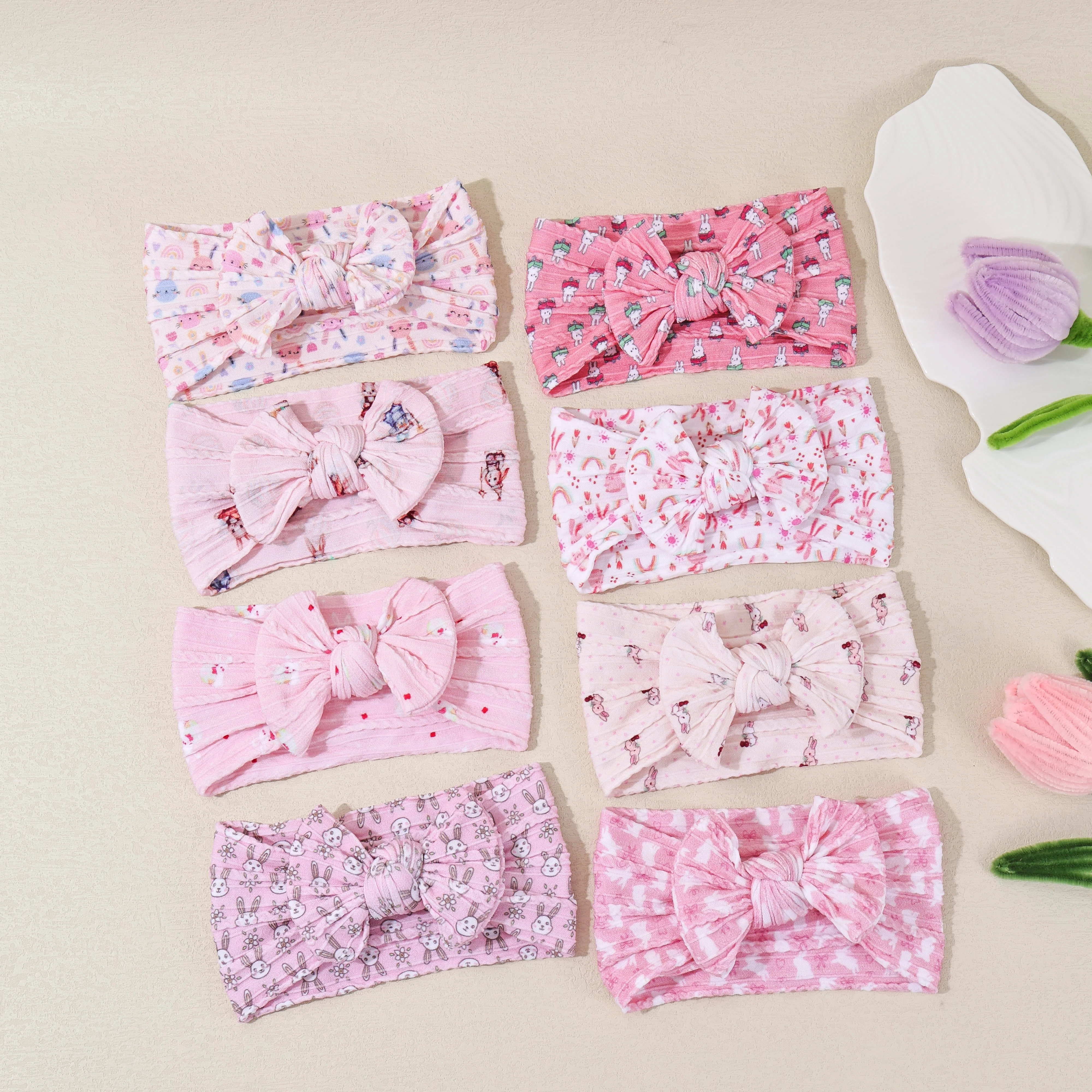 20pc Cartoon Bunny Ear Headband Nylon Baby Easter Egg Rainbow Print Cable Knit Turban Easter Day Headwear for Kids Girls Bulk