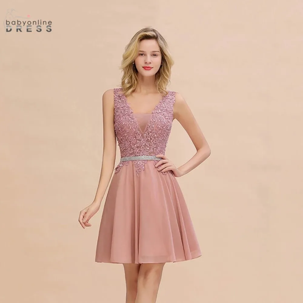 Newest Dusty Pink Sequins Lace Cocktail Dresses With Sashes Sexy V neck A Line Chiffon Short Party Gowns For Prom Evening 2024