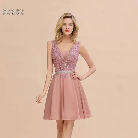Newest Dusty Pink Sequins Lace Cocktail Dresses With Sashes Sexy V neck A Line Chiffon Short Party Gowns For Prom Evening 2025