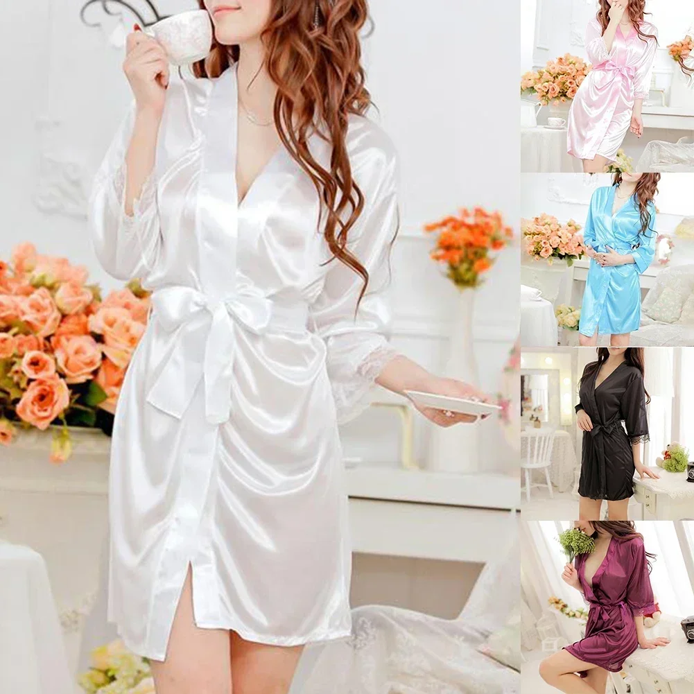 Silk Satin Nightdress For Women Night Robe Sexy Lingerie Soft Sleepwear Smooth Lace Robe Dress Nightgown Bathrobe Ladies Pajamas