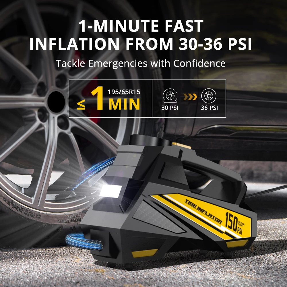 CARSUN Portable Air Compressor 12V 150PSI Tire Pump Fast Inflation LED Auto Shut-off Digital Gauge for Motorcycle Ball CE