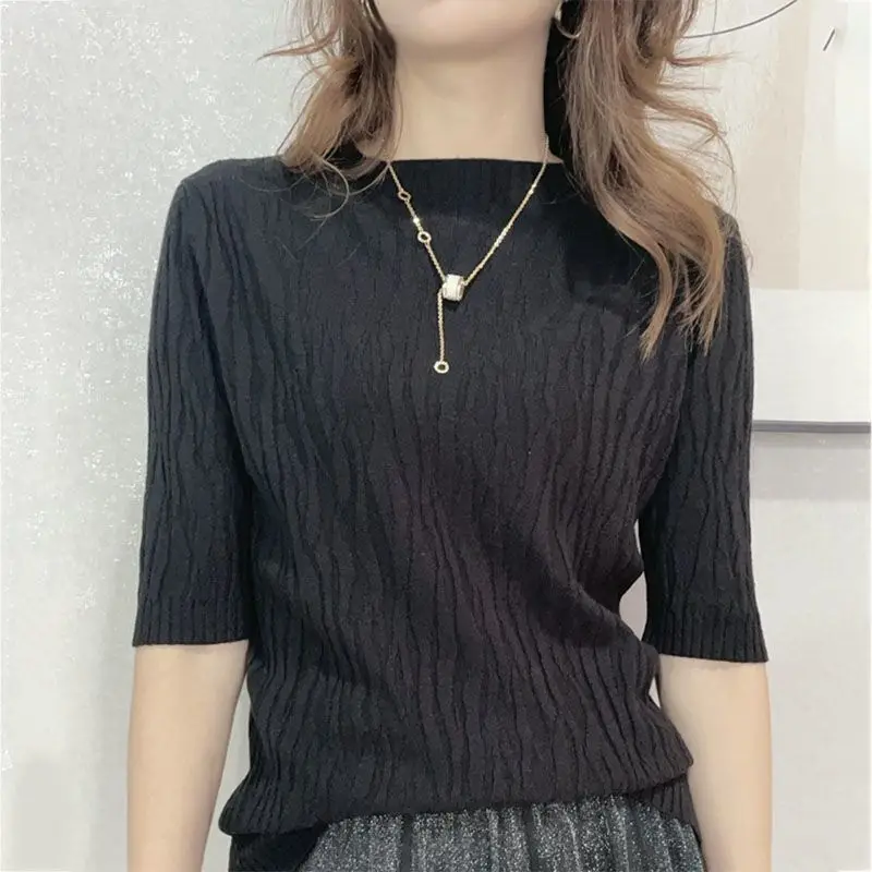 Korean Fashion Folds Solid Color Knitted T-shirt 2023 Casual All-match Short Sleeve Slim Pullovers Tops Summer Women\'s Clothing