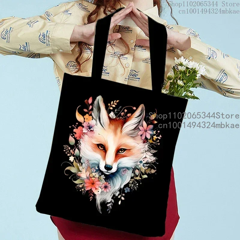 Watercolor Animals Print Shoulder Bag Women Men Cartoon Fox Tote Bags Casual Large-capacity Teen Shopping Bag Canvas Handbag