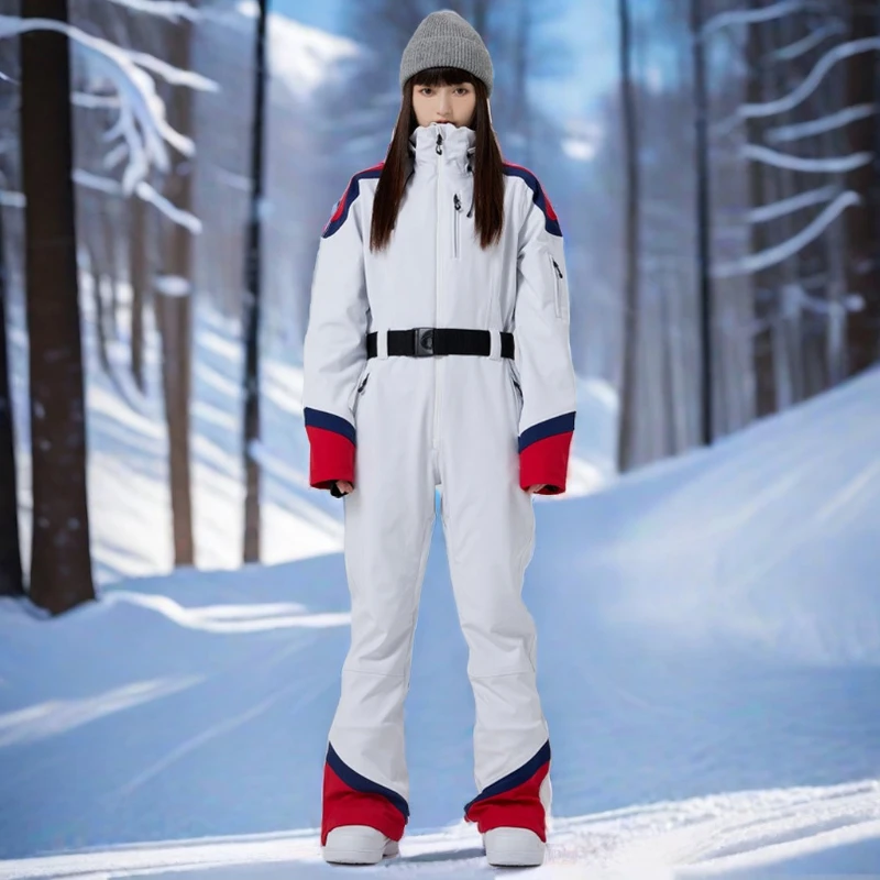 Jumpsuit bertudung untuk wanita, pakaian Terusan Ski luar ruangan Ski tembus udara dengan tali untuk wanita musim dingin