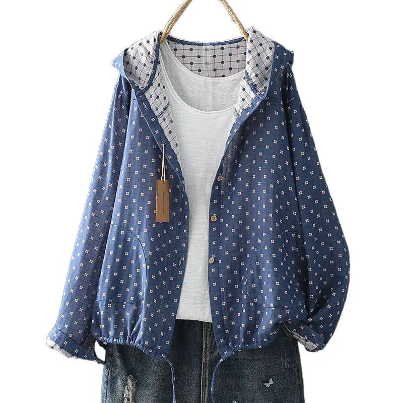 New hooded printed strap shirt women, literary and artistic fan casual temperament loose top women's cotton yarn thin coat