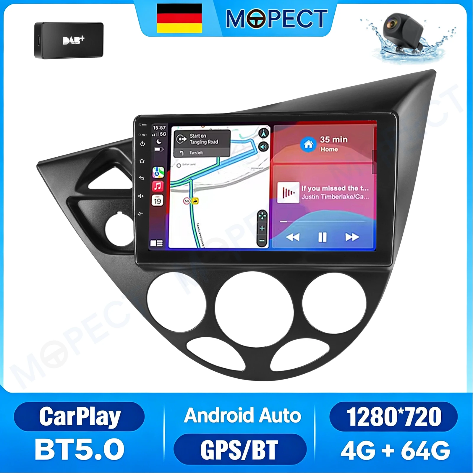MOPECT 9-Zoll-Autoradio für Ford Focus MK1 1998-2005, kabelloses CarPlay, 4+64GB, WLAN, Touchscreen, GPS-Navigation, Bluetooth, Lenkradfernbedienung + DAB & AHD