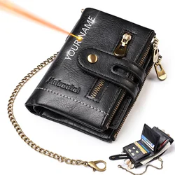 Name Engraving Men Wallets Double Zipper Coin Pocket Men Purse With Chain High Quality Card Holder Wallet For Man