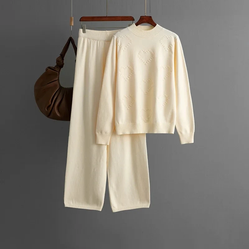 American European New Fashion Women's Casual Trendy Loose Elegant Knitted 2 Piece Sets Half High Collar Sweaters Wide Leg Pants