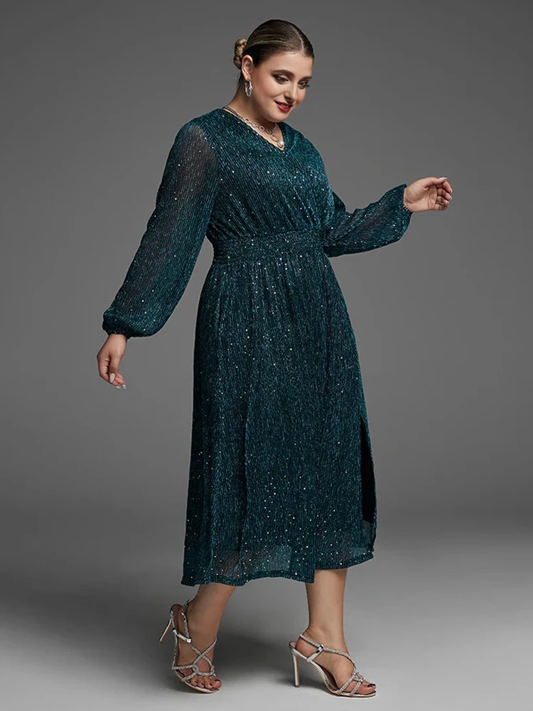 2025 nieuwe groene chiffon damesjurk mode glitter sexy feestavondjurk elegante plus size zak damesjurk